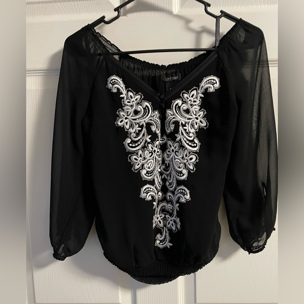 White House Black Market Embroidered Smocked Chiffon Blouse Black XS